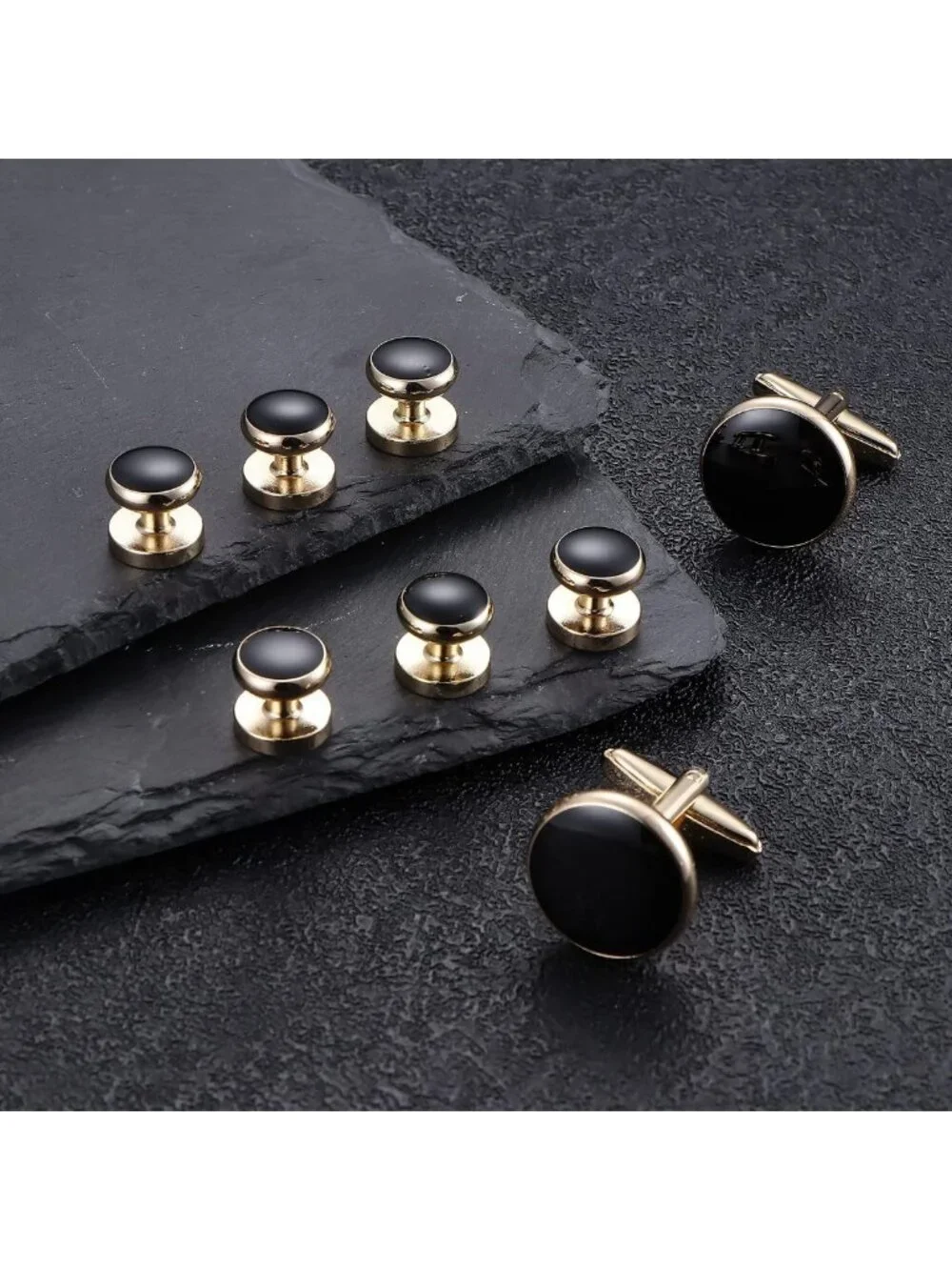 Stylish Stainless Steel Cuff Links & Studs Set - Gold & Black Tuxedo Accessories
